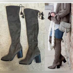 Marc Fisher gray faux suede knee-high over the knee tassel boots chunky heel 9